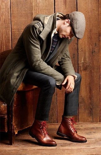 Try pairing an olive wool parka with navy plaid dress pants to feel confident and look smart. Let your outfit coordination chops really shine by rounding off this look with brown leather brogue boots.