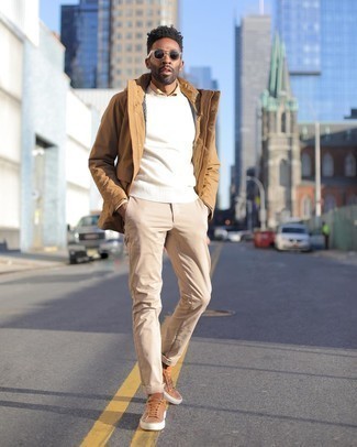 Tan Parka Outfits For Men: Why not go for a tan parka and beige chinos? As well as totally functional, both items look good teamed together. Tan leather low top sneakers look perfect here.