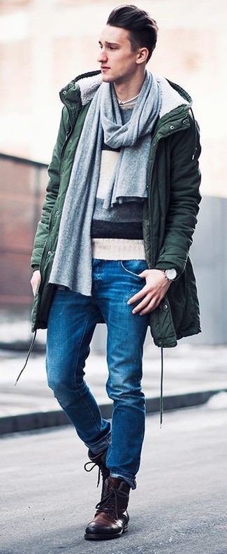 Dark Green Parka Outfits For Men: Team a dark green parka with blue skinny jeans for a cool and fashionable ensemble. Feeling bold today? Dress up your outfit with dark brown leather casual boots.