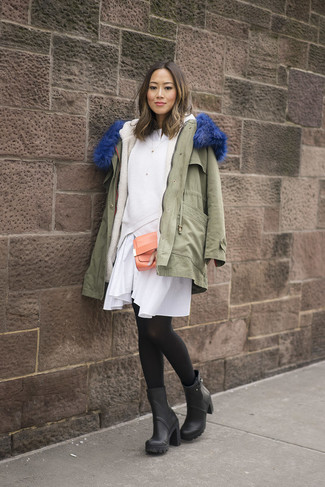 Women's Olive Parka, White Crew-neck Sweater, White Swing Dress, Black Leather Ankle Boots