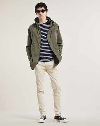 Men's Olive Parka, Black and White Horizontal Striped Crew-neck T-shirt, Beige Chinos, Black and White Canvas Low Top Sneakers