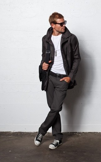 Men's Charcoal Parka, White Crew-neck T-shirt, Charcoal Chinos, Black and White Low Top Sneakers