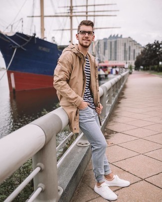 Beige Parka Outfits For Men: A beige parka and light blue jeans are a good outfit formula to keep in your off-duty sartorial arsenal. The whole ensemble comes together quite nicely if you add a pair of white canvas low top sneakers to the mix.