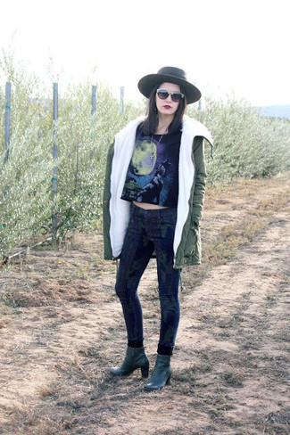 Women's Olive Parka, Black Print Cropped Top, Navy Camouflage Skinny Jeans, Dark Green Leather Ankle Boots