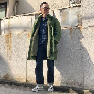 Olive Parka Outfits For Men: An olive parka and navy jeans are a wonderful combination to incorporate into your daily collection. Wondering how to finish off your outfit? Rock black and white check canvas slip-on sneakers to amp up the style factor.
