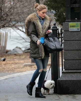 Olivia Palermo wearing Olive Parka, Blue Denim Jacket, Navy Ripped Skinny Jeans, Black Leather Wedge Ankle Boots