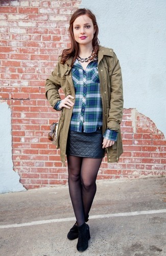 Women s Olive Parka Blue Plaid Dress  Shirt  Black Quilted 