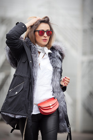 Red Leather Crossbody Bag Spring Outfits: A black parka and a red leather crossbody bag worn together are an ultra covetable ensemble for fashionistas who prefer relaxed styles. This combination is our idea of perfection for those warmer days of spring.
