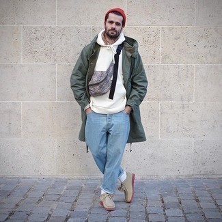 Red Beanie Outfits For Men: Combining an olive lightweight parka with a red beanie is an awesome pick for an off-duty look. Throw beige suede desert boots into the mix to make the outfit slightly more elegant.