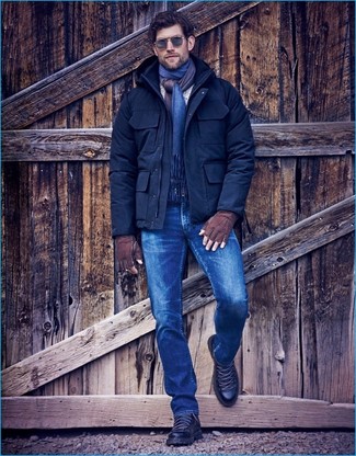 Men's Navy Wool Parka, Blue Jeans, Black Leather Work Boots, Navy Scarf