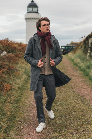 Burgundy Scarf Outfits For Men: If you're after an edgy yet sharp ensemble, rock a charcoal wool parka with a burgundy scarf. To give this outfit a classier spin, why not complement this look with a pair of white canvas low top sneakers?