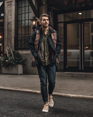 Beige Plaid Scarf Outfits For Men: For something more on the cool and laid-back end, try this combo of a black parka and a beige plaid scarf. On the shoe front, go for something on the dressier end of the spectrum by slipping into tan canvas low top sneakers.
