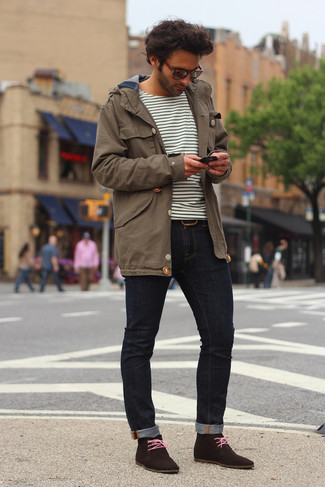 Men's Brown Parka, White and Black Horizontal Striped Long Sleeve T-Shirt, Navy Skinny Jeans, Dark Brown Suede Desert Boots