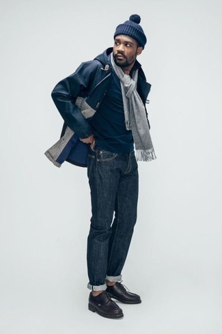 Men's Navy Parka, Navy Polo Neck Sweater, Navy Jeans, Black Leather Derby Shoes