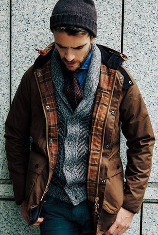 Dark Brown Gingham Tie Outfits For Men: Marry a dark brown parka with a dark brown gingham tie to be the picture of rugged elegance.