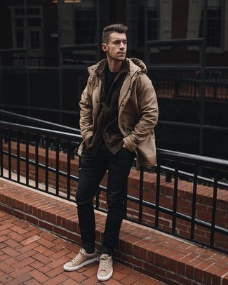 500+ Winter Outfits For Men: For a casually cool ensemble, consider wearing a tan parka and black jeans — these two items work pretty good together. Tan leather low top sneakers are a safe footwear option here that's full of personality. During the colder months, when functionality is crucial, it can be easy to settle for a less-than-stylish getup. This getup, however, proves that you can actually stay comfortable and remain stylish at the same time in the colder months.
