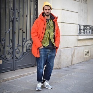 Mustard Beanie Outfits For Men: If you use a more relaxed approach to style, why not consider pairing an orange parka with a mustard beanie? Elevate your ensemble with the help of grey athletic shoes.