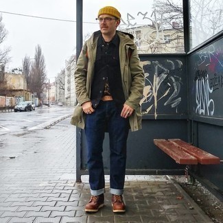 500+ Winter Outfits For Men: The pairing of an olive lightweight parka and navy jeans makes this a neat casual look. Brown leather casual boots will put a different spin on an otherwise mostly dressed-down outfit. Figuring out a standout combination can be a bit of a challenge on its own. Add cold temperatures into the equation, and the whole thing becomes all the more difficult. Luckily, this here is your wintry inspo.