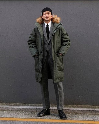 Beanie Outfits For Men: If you put function above all else, this bold casual combination of an olive parka and a beanie is for you. Complete this look with a pair of black leather casual boots to instantly rev up the fashion factor of any ensemble.