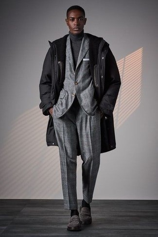 Black Parka Outfits For Men: This combination of a black parka and a grey plaid suit embodies masculine elegance and effortless style. Rounding off with charcoal suede loafers is a guaranteed way to add a little flair to this look.