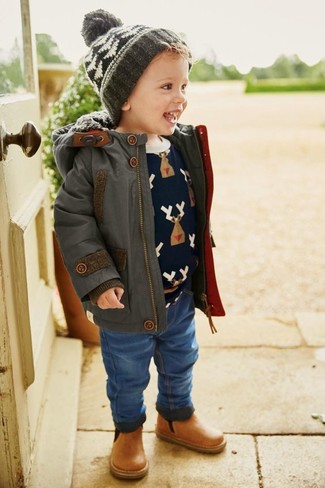 Boys' Charcoal Parka, Navy Print Sweater, Blue Jeans, Tan Leather Boots ...