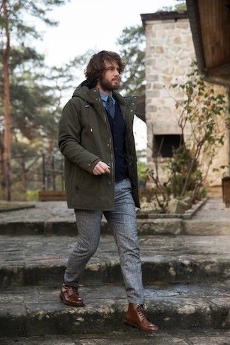 Grey Wool Chinos Outfits: For an ensemble that's pared-down but can be styled in a great deal of different ways, consider wearing an olive parka and grey wool chinos. On the fence about how to complete this ensemble? Finish off with dark brown leather casual boots to turn up the classy factor.