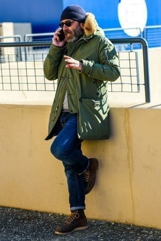 Blue Beanie Outfits For Men: This casual pairing of an olive parka and a blue beanie is a goofproof option when you need to look good but have no extra time. Add dark brown suede casual boots to the equation to instantly jazz up the outfit.