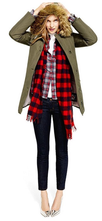 Women's Olive Parka, White Turtleneck, Red Plaid Button Down Blouse, Navy Skinny Jeans