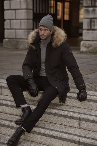 Grey Knit Wool Socks Outfits For Men: A black parka and grey knit wool socks worn together are a sartorial dream for guys who love relaxed getups. Complement your look with black leather casual boots to completely change up the outfit.