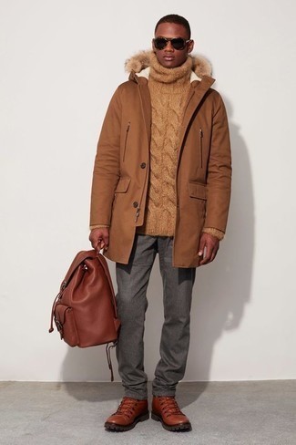 Tobacco Parka Outfits For Men: Why not reach for a tobacco parka and grey chinos? These two items are super functional and will look amazing when matched together. Punch up your getup with a pair of tobacco leather work boots.