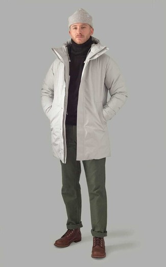 500+ Winter Outfits For Men: Dress in a grey parka and olive chinos to pull together an everyday getup that's full of style and personality. To bring some extra definition to your getup, complement this getup with brown leather casual boots. Dressing warmly is the trick to surviving subzero temperatures, but this ensemble is a clear example that you can achieve this with style.