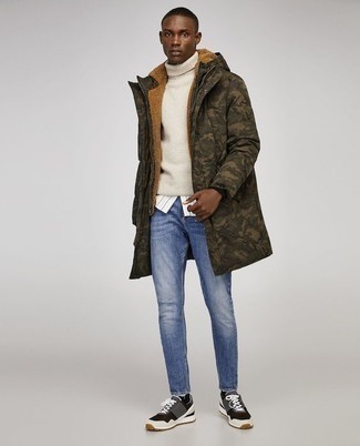 Olive Camouflage Parka Outfits For Men: Wear an olive camouflage parka and blue jeans if you seek to look casually cool without spending too much time. For something more on the daring side to complement your outfit, complete your look with black and white athletic shoes.