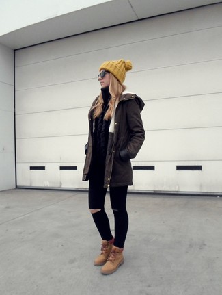 Women's Dark Brown Parka, Black Turtleneck, Black Ripped Skinny Jeans, Tan Suede Lace-up Flat Boots