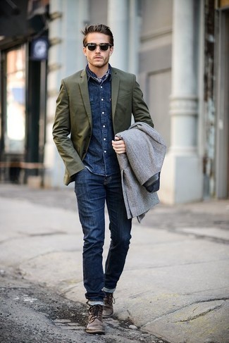 Olive Blazer Outfits For Men: An olive blazer and navy jeans worn together are a good match. Brown leather casual boots are a smart option to complement this look.