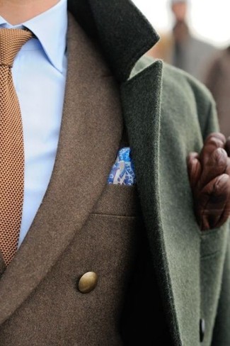 Men's Olive Pea Coat, Brown Blazer, Blue Dress Shirt, Brown Tie