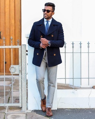Brown Leather Oxford Shoes Outfits: This pairing of a navy pea coat and grey chinos couldn't possibly come across as anything other than seriously stylish and casually sophisticated. Let's make a bit more effort now and complement your ensemble with a pair of brown leather oxford shoes.