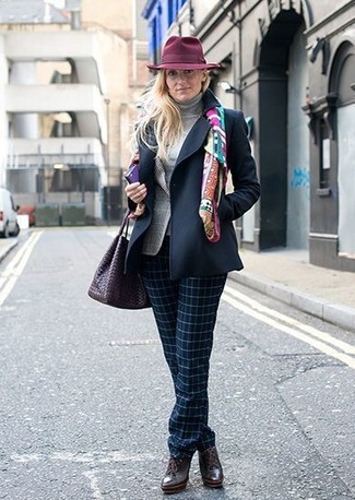 416 Winter Outfits For Women: If the situation allows a laid-back ensemble, try pairing a navy pea coat with navy check dress pants. If not sure as to the footwear, go with black leather lace-up ankle boots. You bet this combo is great to stay warm yet seriously chic throughout the winter season.