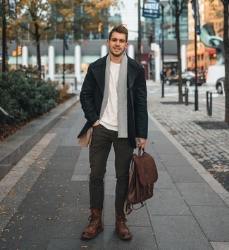 Dark Brown Jeans Outfits For Men: Pair a black pea coat with dark brown jeans to look classy but not particularly formal. A pair of brown leather casual boots can integrate smoothly within a great deal of getups.