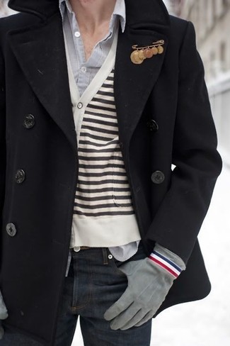 Men's Black Pea Coat, White and Black Horizontal Striped Cardigan, Grey Long Sleeve Shirt, Navy Jeans