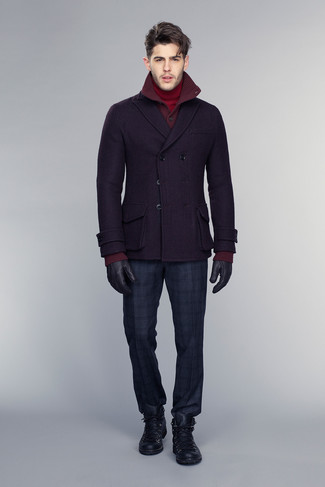 Red Cardigan Cold Weather Outfits For Men: Teaming a red cardigan with navy plaid dress pants is a nice pick for a smart and classy outfit. For a more laid-back spin, introduce a pair of black leather casual boots to your outfit.