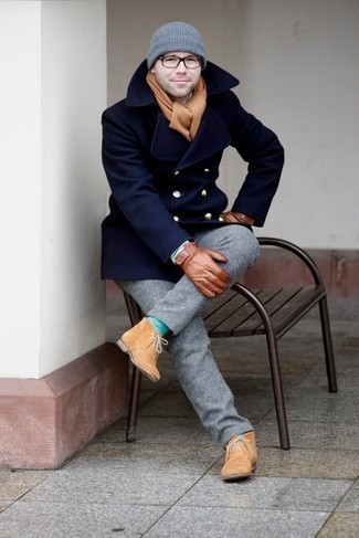 Pea Coat with Scarf Outfits: Putting together a pea coat with a scarf is an awesome pick for a laid-back look. Let your outfit coordination sensibilities really shine by rounding off your ensemble with tan suede desert boots.