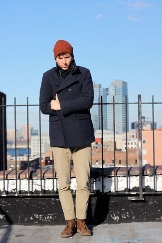 Tobacco Beanie Outfits For Men: You'll be amazed at how easy it is for any man to get dressed this way. Just a navy pea coat and a tobacco beanie. For a more sophisticated spin, why not add a pair of brown suede desert boots to this ensemble?