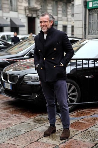Alessandro Squarzi wearing Black Pea Coat, White Crew-neck Sweater, Navy Chinos, Dark Brown Suede Oxford Shoes