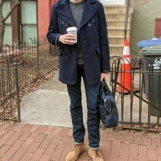 Tan Suede Casual Boots Outfits For Men: This pairing of a navy pea coat and navy jeans will add casually polished essence to your outfit. Tan suede casual boots will be the ideal accompaniment to this look.