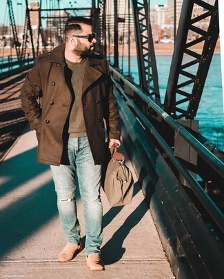 Tan Suede Chelsea Boots Casual Cold Weather Outfits For Men: Extremely stylish, this laid-back combination of a dark brown pea coat and blue ripped jeans provides variety. Take your outfit down a classier path by finishing off with tan suede chelsea boots.