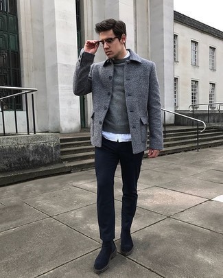Navy Suede Chelsea Boots Outfits For Men: This combination of a grey pea coat and navy chinos can only be described as outrageously sharp and casually refined. For something more on the dressier side to complement this outfit, complete this getup with a pair of navy suede chelsea boots.