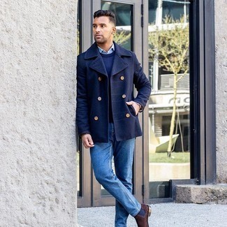 Navy Sweater Outfits For Men: A navy sweater and blue jeans are among the fundamental items in any modern gent's great casual sartorial arsenal. Rounding off with a pair of dark brown suede chelsea boots is a fail-safe way to introduce some extra depth to your ensemble.
