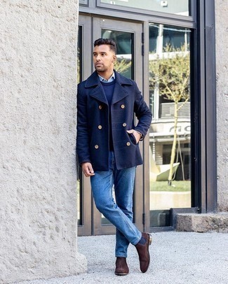 Light Blue Shirt With Pea Coat Outfits, Light Navy Blue Pea Coats