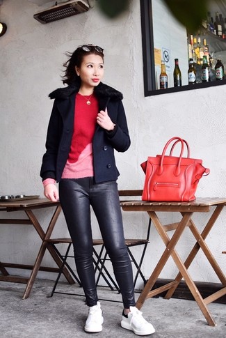 Women's Navy Pea Coat, Red Crew-neck Sweater, Black Leather Skinny Pants, White and Black Leather Low Top Sneakers