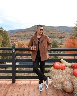 Brown Pea Coat Outfits: Such pieces as a brown pea coat and black jeans are an easy way to introduce some rugged sophistication into your daily off-duty lineup. Add multi colored suede low top sneakers to the mix to instantly turn up the street cred of this look.